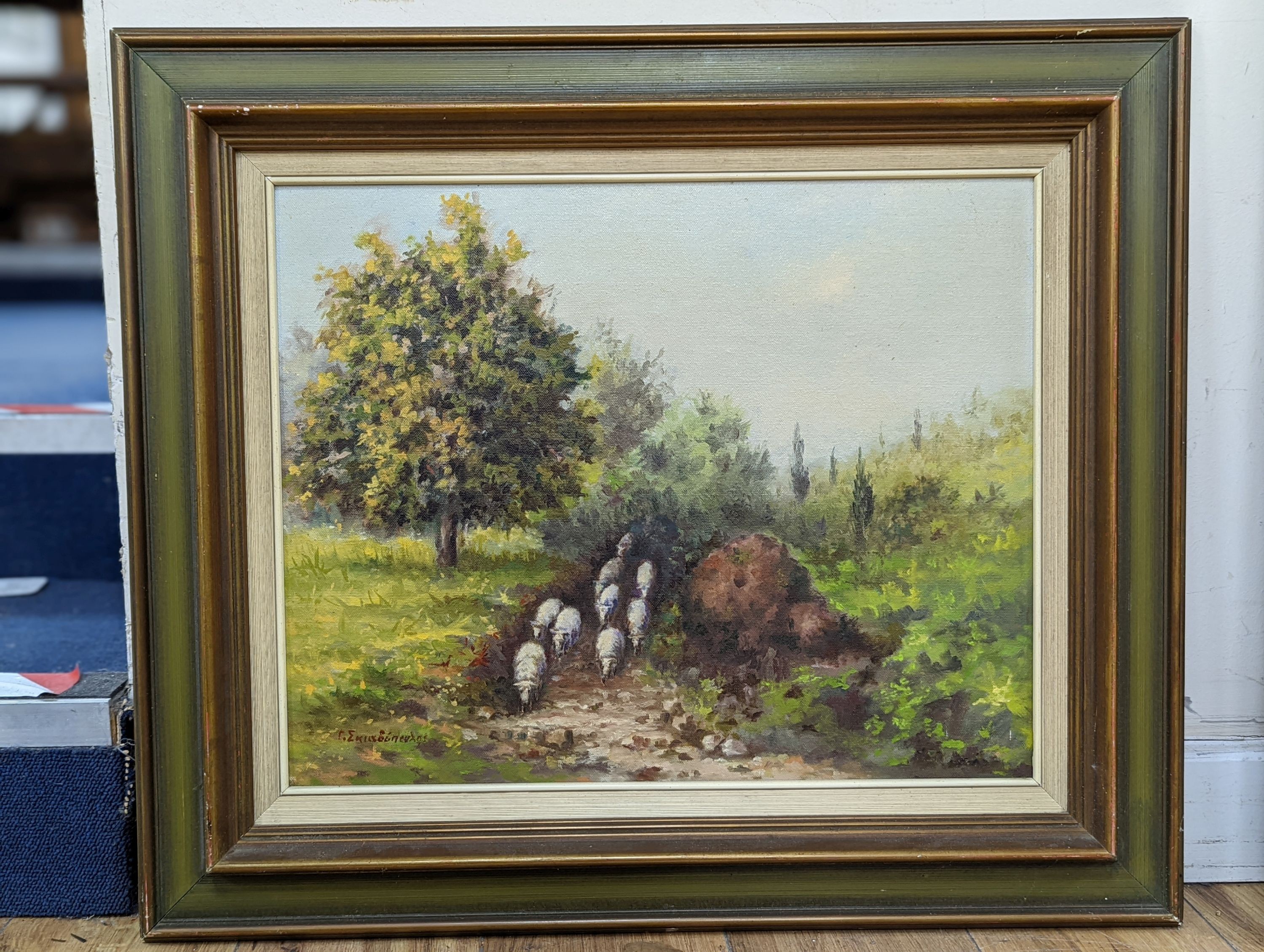 Greek School, oil on board, Sheep in a landscape, indistinctly signed, 39 x 49cm